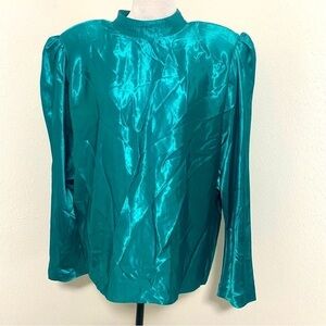Montreal Women’s Silky Shiny Turquoise Large Long Sleeve Blouse Back Neck Zip
